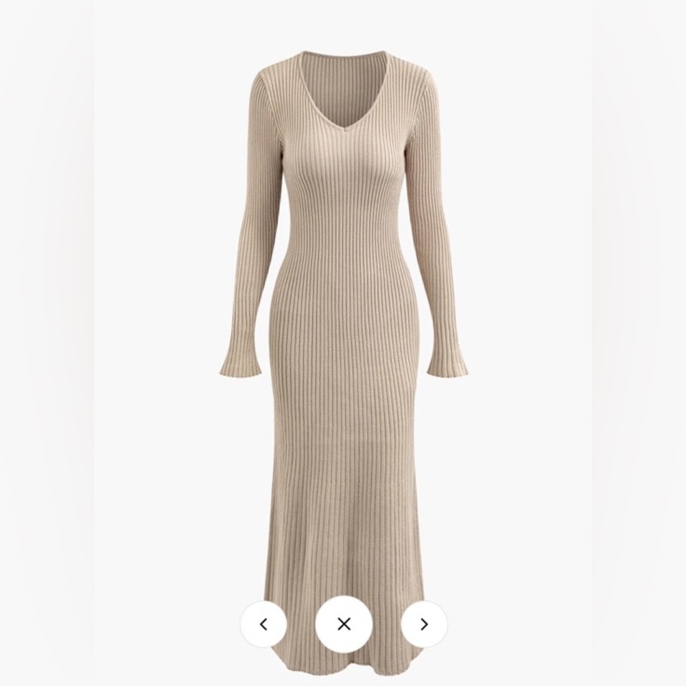 MICAS V-neck Bell Sleeve Rib Knit Maxi Dress
